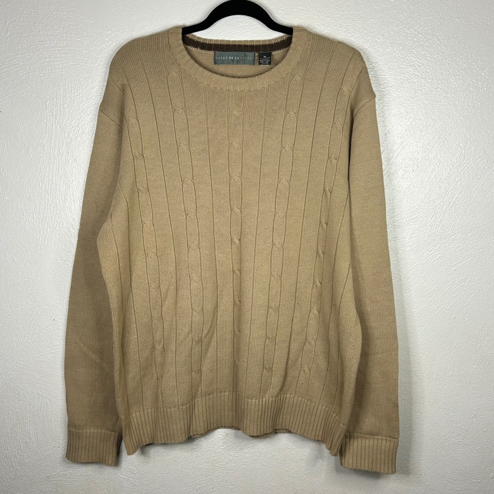 Oscar de la Renta Vintage 90s Mens XL Cable Knit Sweater Tan 100% Cotton Fall 11